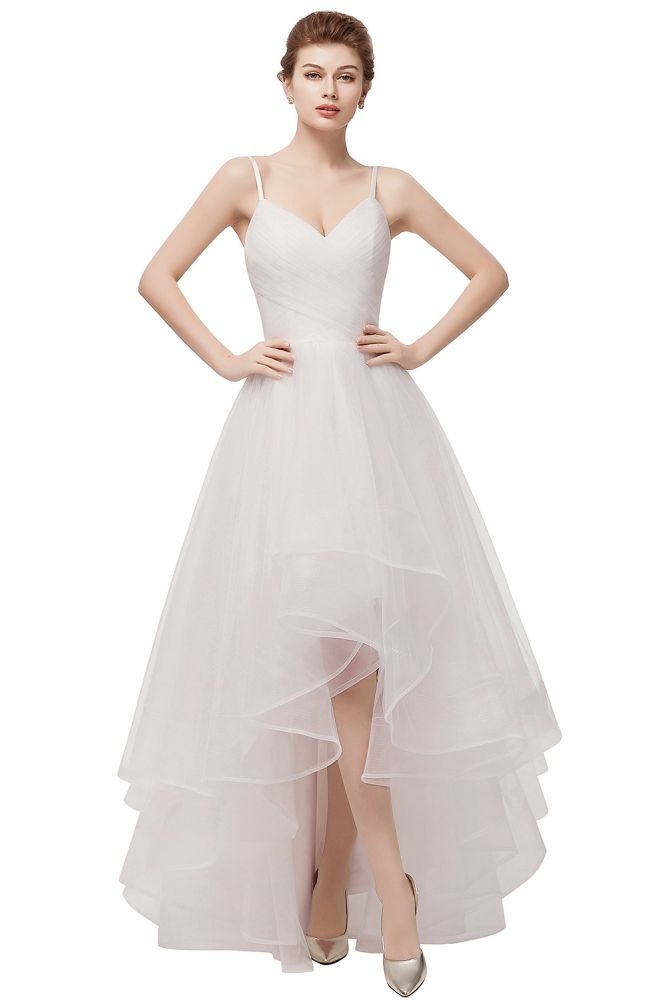 Elfenbeinfarbenes A-Linien-Brautkleid mit Spaghettiträgern und Rüschen