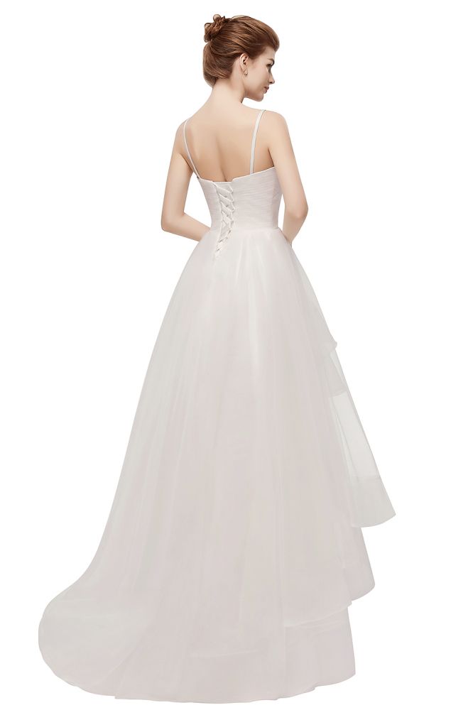 Elfenbeinfarbenes A-Linien-Brautkleid mit Spaghettiträgern und Rüschen