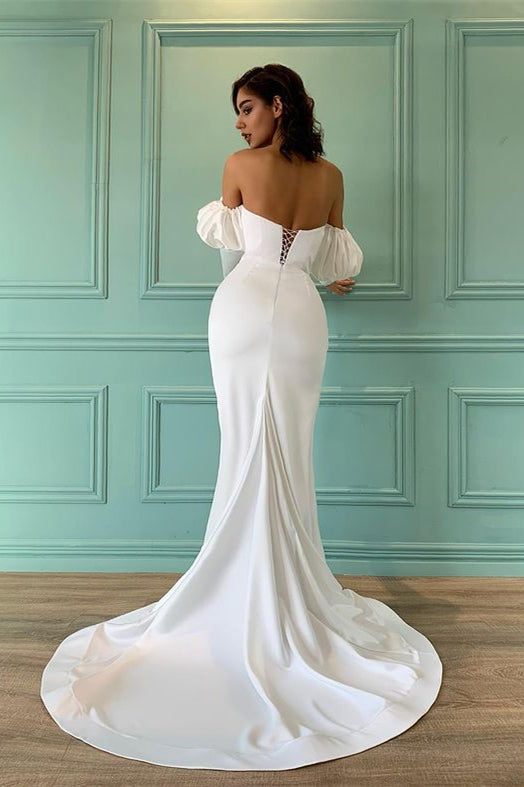 White Long Sweetheart Bubble Sleeves Mermaid Prom Dress with Split