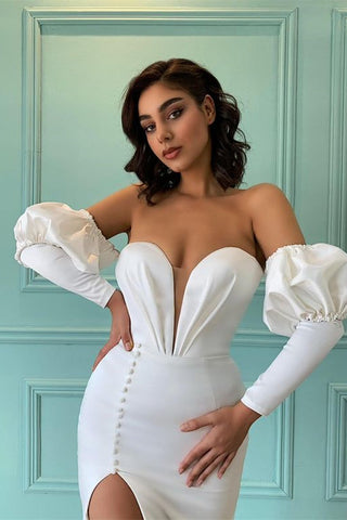 White Long Sweetheart Bubble Sleeves Mermaid Prom Dress with Split