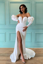 White Long Sweetheart Bubble Sleeves Mermaid Prom Dress with Split