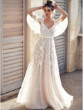 Vestido de novia playero con escote en V marfil y aplicaciones de encaje, WD0453