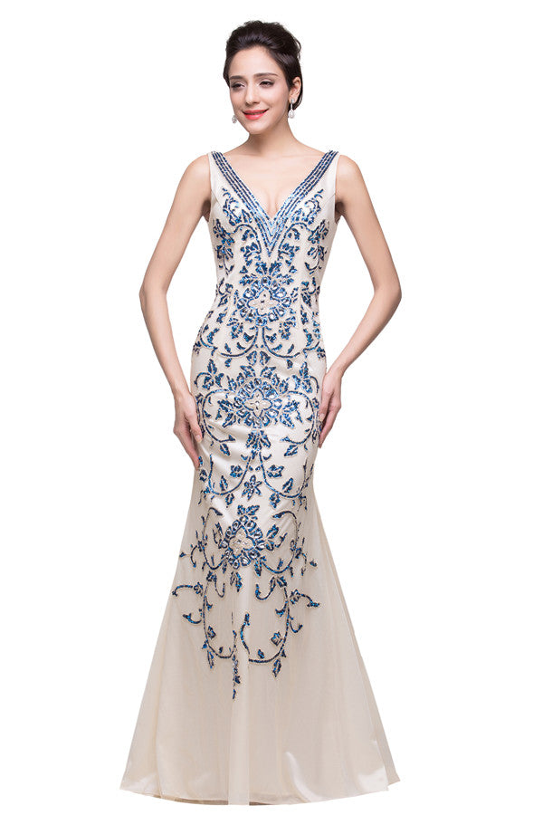 Elfenbein V-Ausschnitt Bodenlang Applikationen Meerjungfrau Abendkleider