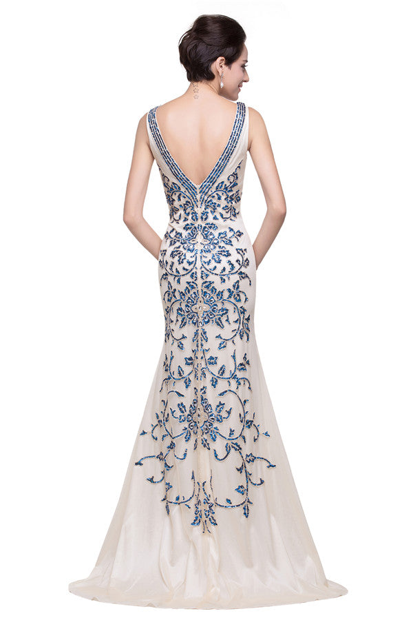 Elfenbein V-Ausschnitt Bodenlang Applikationen Meerjungfrau Abendkleider