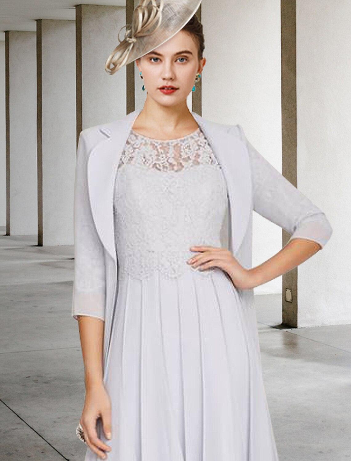 Vestido de mãe da noiva em duas peças, corte A, elegante, decote em V, comprimento até ao joelho, cetim, renda, manga curta, com pregas