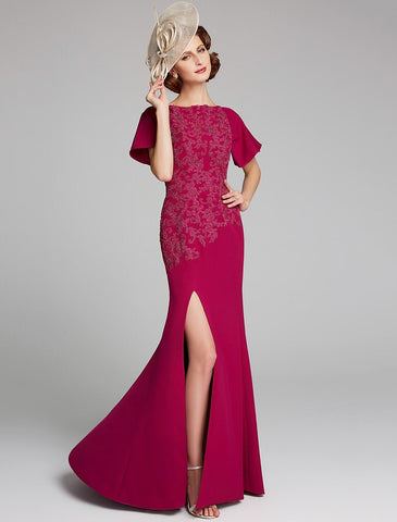 Meerjungfrau/Trompete Kleid für die Brautmutter, U-Boot-Ausschnitt, bodenlang, Chiffon, Spitze, kurze Ärmel mit Spitze, Schlitz vorne