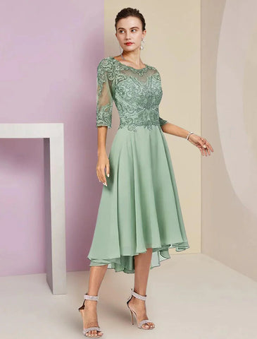 Zweiteiliges A-Linien-Kleid für die Mutter der Braut, formeller Hochzeitsgast, eleganter hoher und niedriger U-Ausschnitt, asymmetrische knielange Chiffon-Spitze, halbe Ärmel, Wickelkleid mit Perlenapplikationen