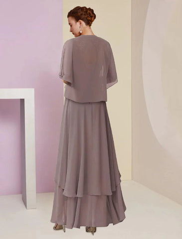 Zweiteiliges A-Linien-Kleid für die Mutter der Braut, formeller Hochzeitsgast, eleganter quadratischer Ausschnitt, asymmetrische Teelänge, Chiffon-Spitze, 3/4-Ärmel, Wickelkleid inklusive, mit gerüschten Stufenapplikationen