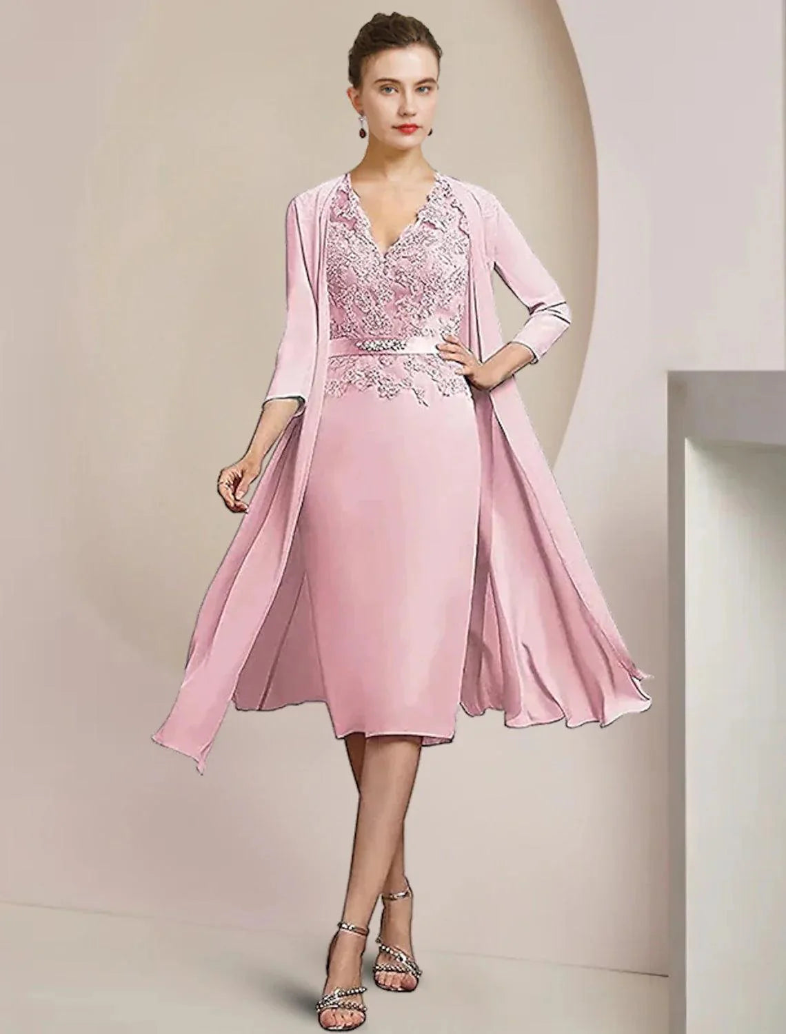 Vestido de mãe da noiva de duas peças, bainha/coluna, formal, para convidada de casamento, elegante, decote em V, comprimento até ao joelho, chiffon, renda, sem mangas, com aplicações, pregadeira de cristal