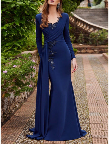 Meerjungfrau/Trompete Kleid für die Mutter der Braut, Hochzeitsgast, Party, elegant, V-Ausschnitt, Sweep/Pinselzug, Stretch-Stoff, lange Ärmel mit Paillettenrüschen