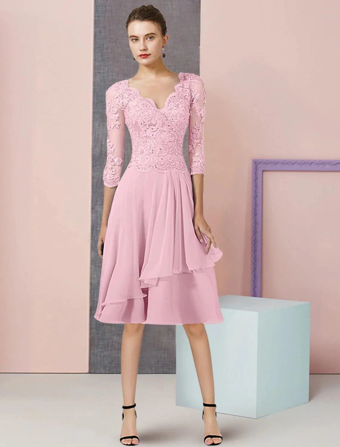 Vestido de mãe da noiva em duas peças, corte A, formal, para convidada de casamento, elegante, decote em V, comprimento até ao joelho, chiffon, renda, manga 3/4, wrap, incluído com aplicações de lantejoulas e missangas