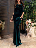 Meerjungfrau/Trompete Mutter der Braut Kleid Hochzeitsgast Elegante Jewel Neck Bodenlangen Samt Halbe Ärmel Keine mit gerüschten Volltonfarbe