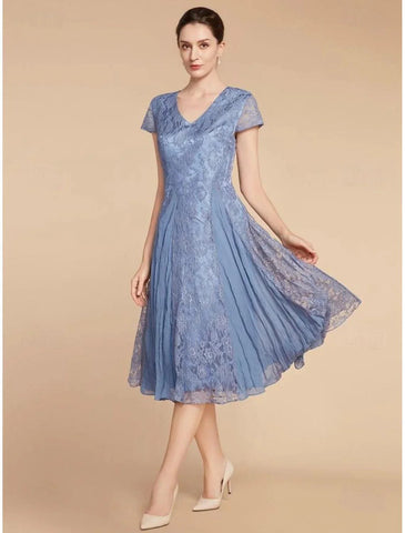 Wedding Guest Elegant Petite V Neck Knee Length Chiffon Lace Short Sleeve with Ruching Solid Color Mother of the Bride Dress