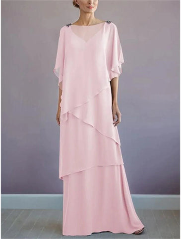 Kleid für die Mutter der Braut, formeller Hochzeitsgast, eleganter Halsausschnitt, bodenlang, Chiffon, halbe Ärmel mit Rüschen