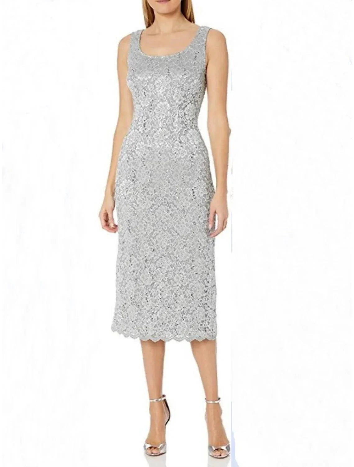 Vestido mãe da noiva elegante, minimalista, decote redondo, comprimento chá, renda, manga 3/4, com racha frontal