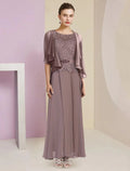 Abito Due Pezzi A-Line per Madre della Sposa, Invitata di Nozze Formale, Elegante Scollo a Barchetta Lunghezza Pavimento Chiffon Pizzo Manica 3/4 con Avvolgimento Incluso, Applicazioni e Spilla di Cristallo