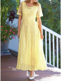 Etuikleid/Säulenkleid für die Brautmutter, Hochzeitsgast, elegant, süß, Rundhalsausschnitt, knöchellang, Chiffon, Spitze, kurze Ärmel mit Falten, einfarbig