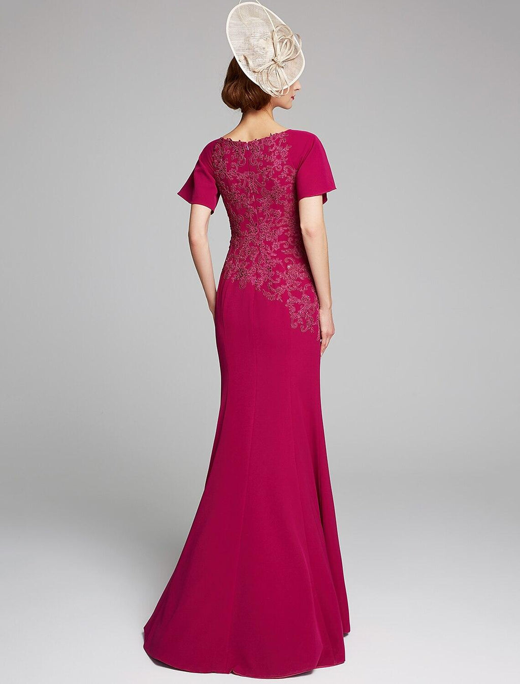 Mermaid / Trumpet Mother of the Bride Dress Bateau Neck Floor Length Chiffon Lace Short Sleeve with Lace Split Front