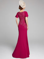 Mermaid / Trumpet Mother of the Bride Dress Bateau Neck Floor Length Chiffon Lace Short Sleeve with Lace Split Front