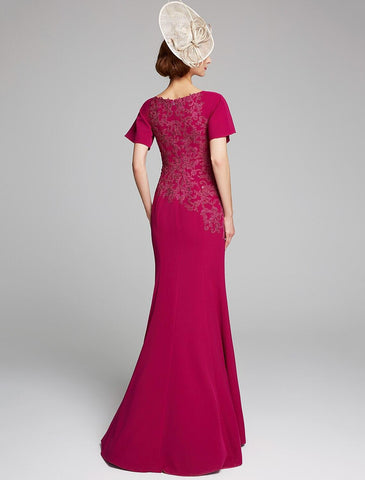 Meerjungfrau/Trompete Kleid für die Brautmutter, U-Boot-Ausschnitt, bodenlang, Chiffon, Spitze, kurze Ärmel mit Spitze, Schlitz vorne