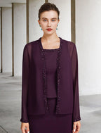 Vestido de mãe da noiva em duas peças, corte A, plus size, elegante, decote quadrado, comprimento até ao tornozelo, chiffon, sem mangas, casaco incluído, com pérolas e missangas