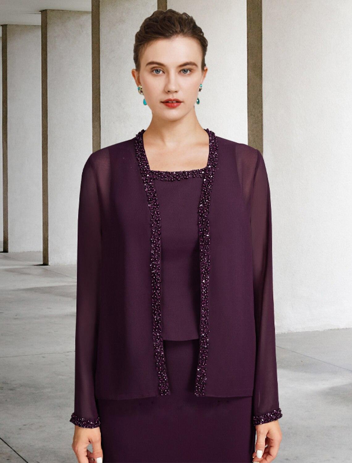 Vestido de mãe da noiva em duas peças, corte A, plus size, elegante, decote quadrado, comprimento até ao tornozelo, chiffon, sem mangas, casaco incluído, com pérolas e missangas