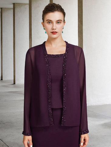 Zweiteiliges A-Linien-Kleid für die Brautmutter in Übergröße, elegant, quadratischer Ausschnitt, knöchellang, Chiffon, ärmellos, Wickeljacke inklusive, Kleider mit Perlenbesatz, Perlenbesatz