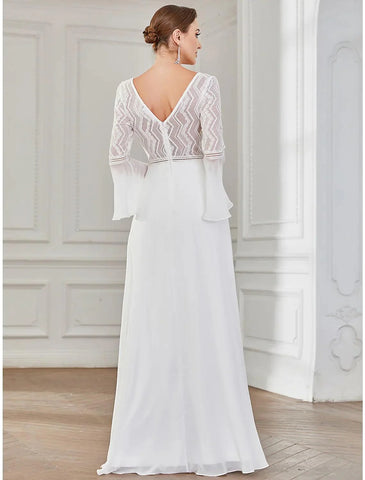 Hall Boho Brautkleider Bodenlang A-Linie Langarm V-Bügel V-Ausschnitt Chiffon mit Spitze Volltonfarbe
