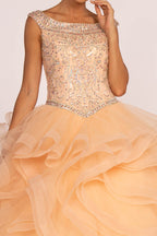 Jeweled Cap Sleeve Ball Gown with Layered Skirt by Elizabeth K GL1600