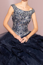 Jeweled Cap Sleeve Ball Gown with Layered Skirt by Elizabeth K GL1600