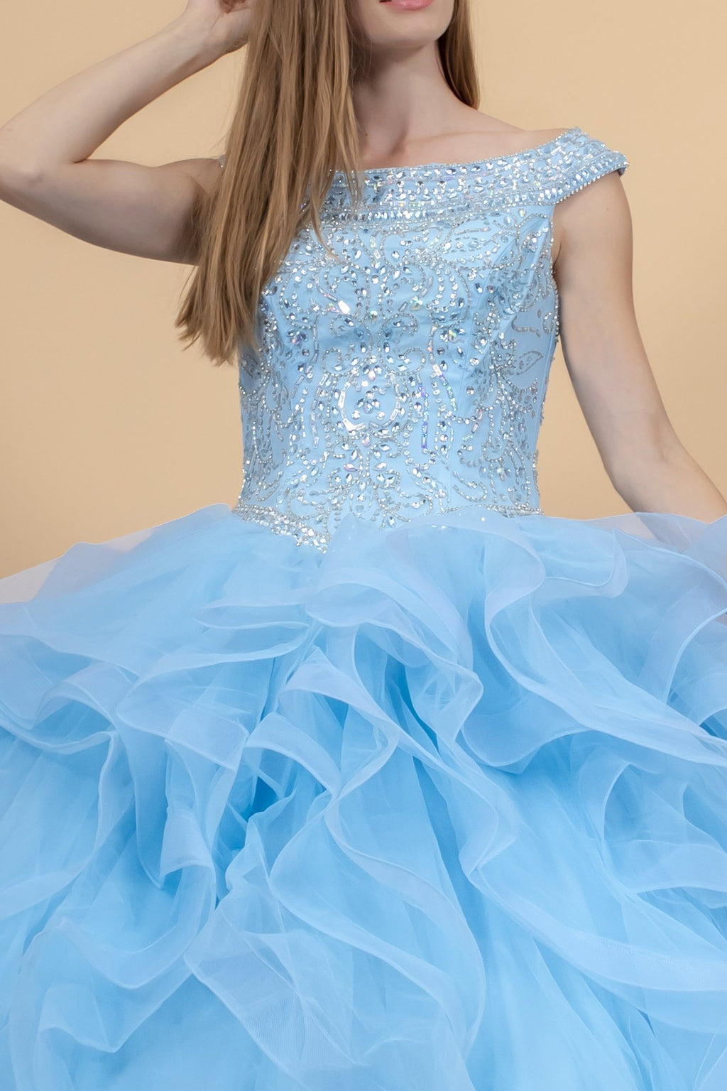 Jeweled Cap Sleeve Ball Gown with Layered Skirt by Elizabeth K GL1600