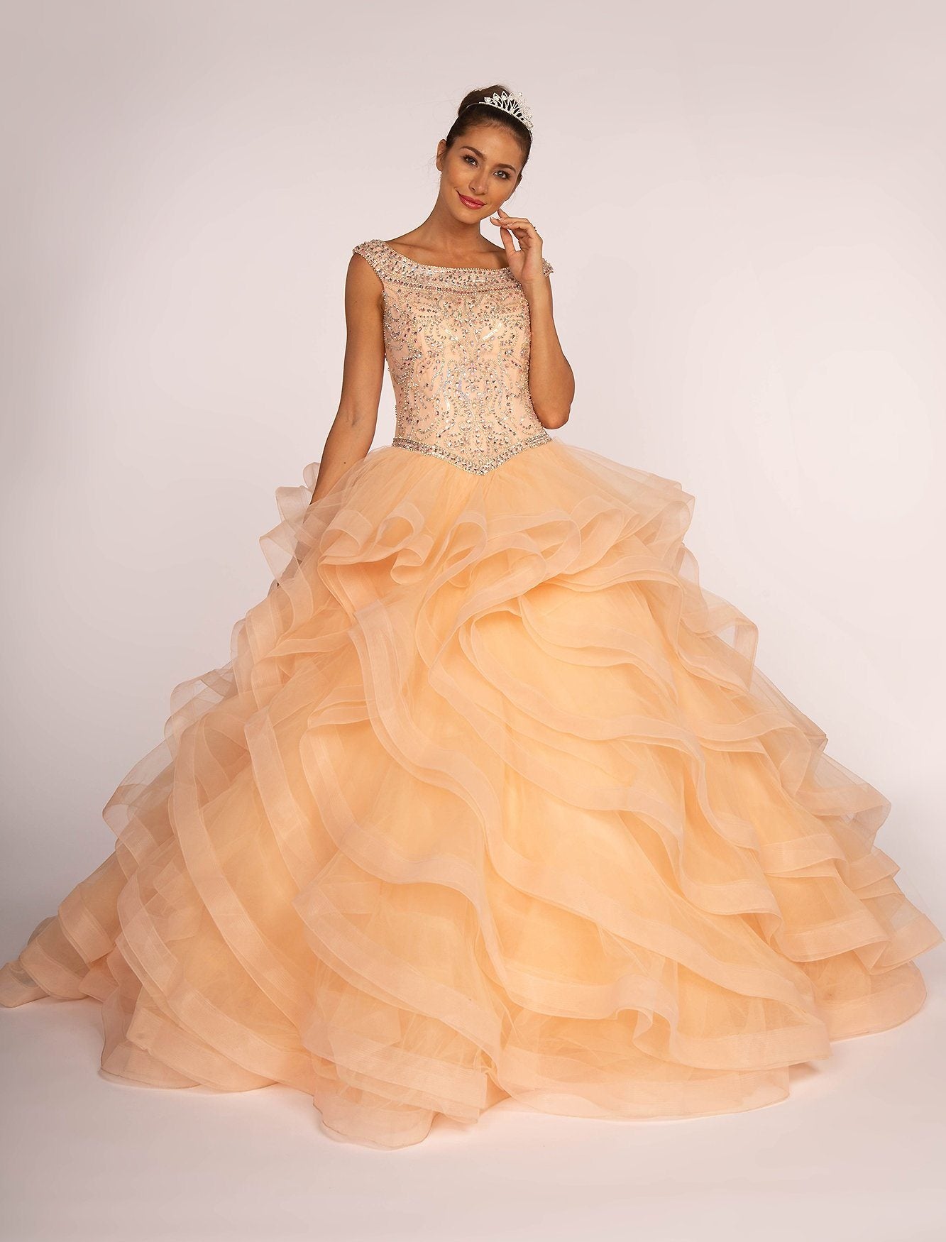 Jeweled Cap Sleeve Ball Gown with Layered Skirt by Elizabeth K GL1600