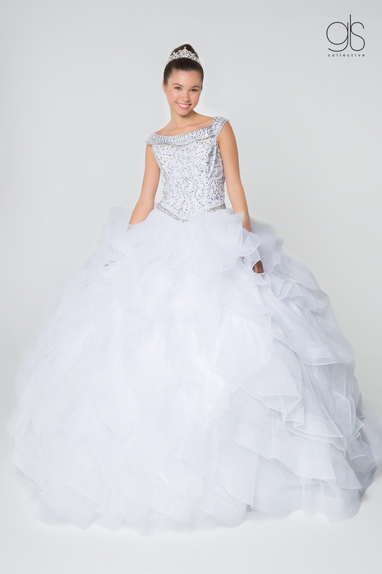 Jeweled Cap Sleeve Ball Gown with Layered Skirt by Elizabeth K GL1600