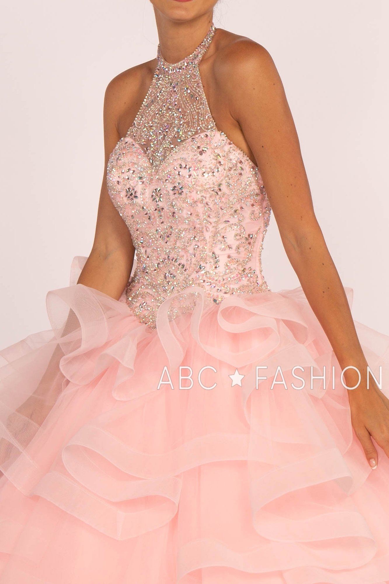 Jeweled Halter Ball Gown with Layered Skirt by Elizabeth K GL2512