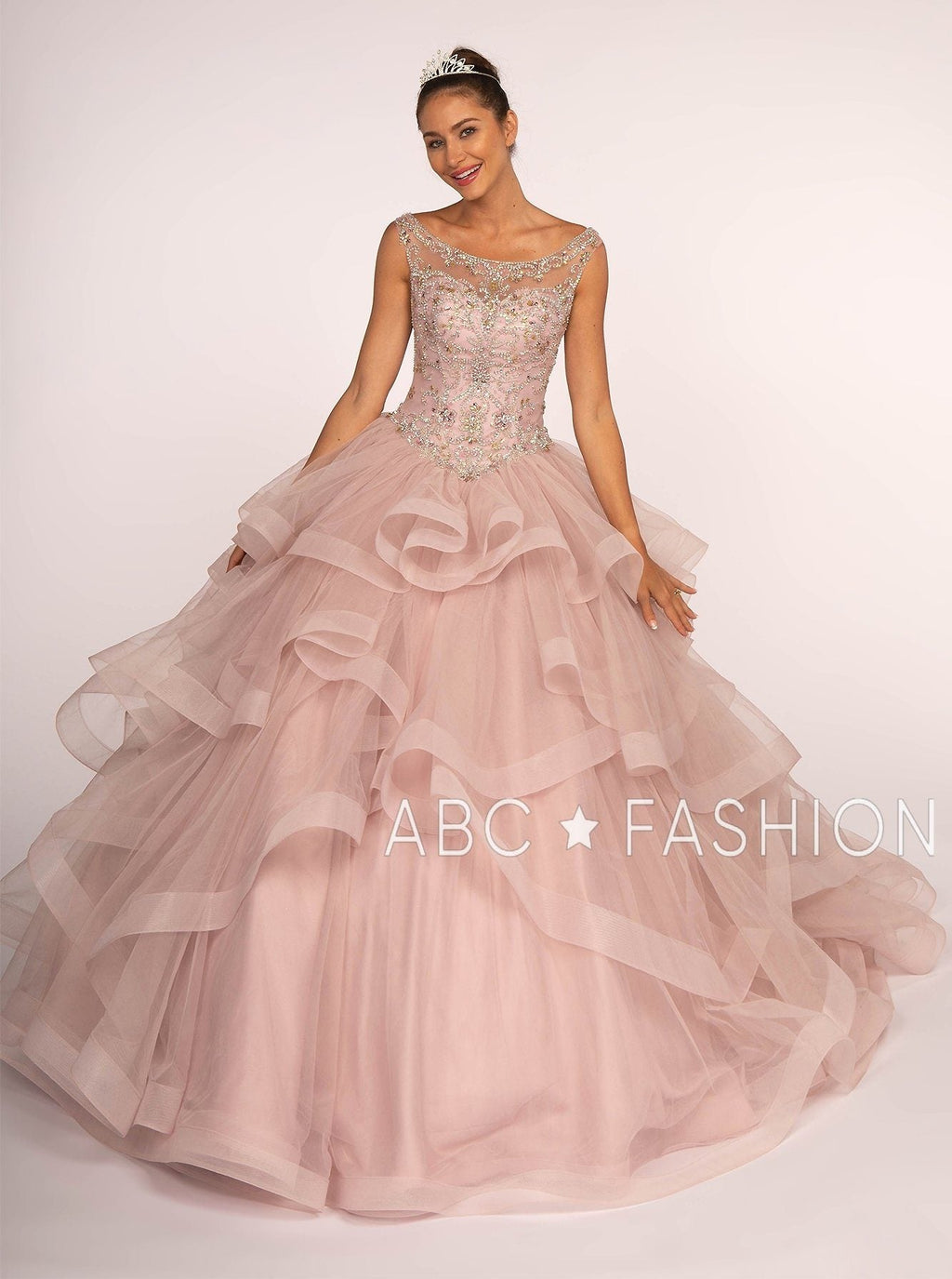 Jeweled Illusion Ball Gown with Layered Skirt by Elizabeth K GL2517