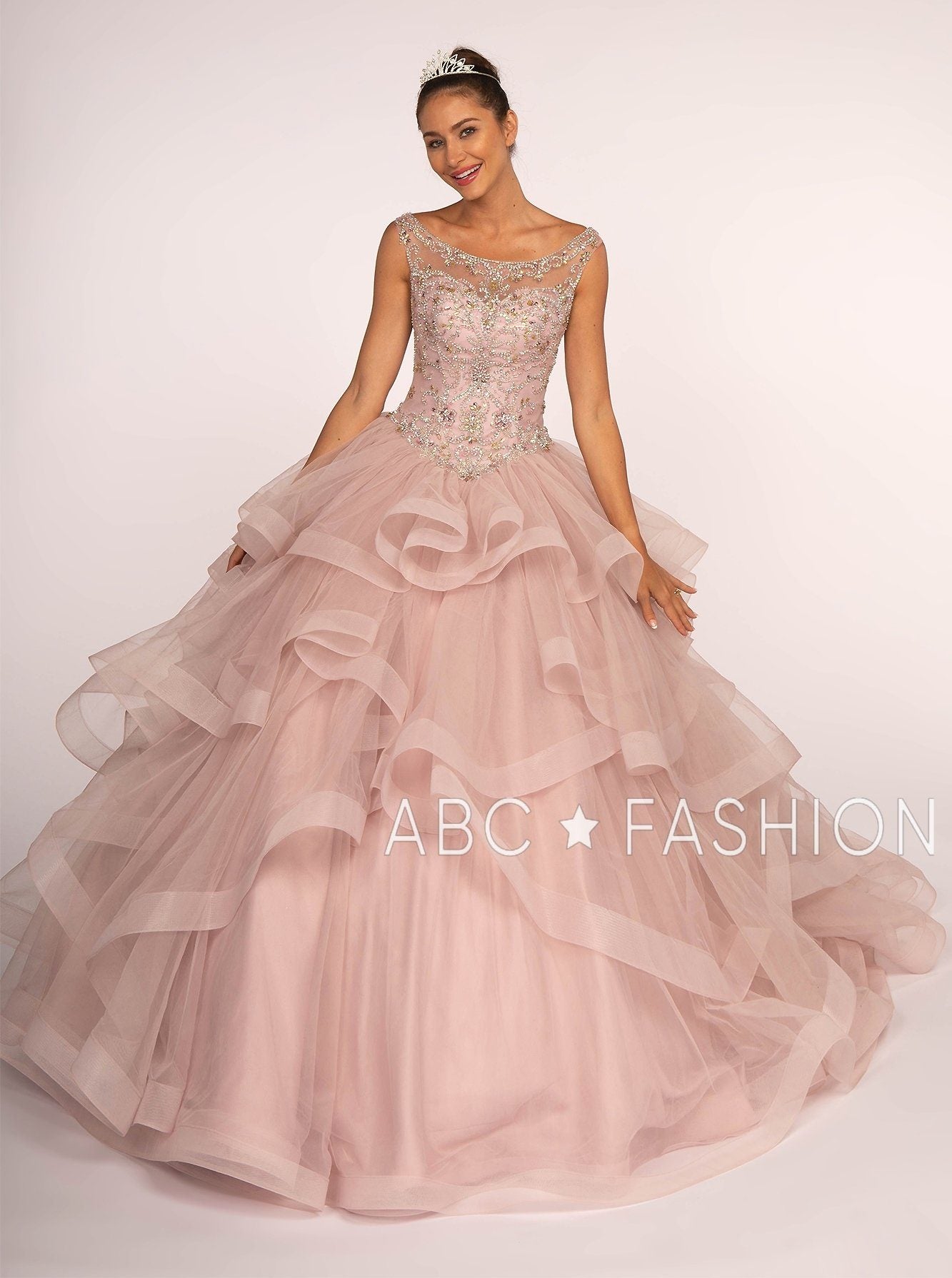 Jeweled Illusion Ball Gown with Layered Skirt by Elizabeth K GL2517