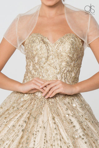 Trägerloses Glitzer-Ballkleid mit Schmucksteinen und Jacke von Elizabeth K GL2804