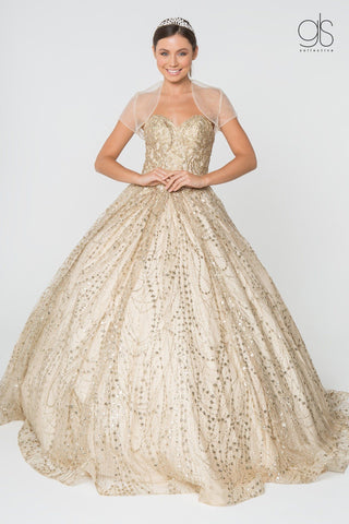Trägerloses Glitzer-Ballkleid mit Schmucksteinen und Jacke von Elizabeth K GL2804