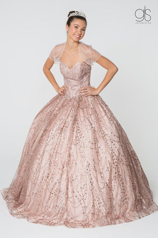 Trägerloses Glitzer-Ballkleid mit Schmucksteinen und Jacke von Elizabeth K GL2804