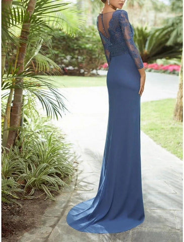 Etuikleid/Säulenkleid für die Brautmutter, Herbst, Hochzeitsgast, Party, elegant, V-Ausschnitt, Schleppe, Chiffon, Spitze, 3/4-Ärmel mit Falten, Pailletten, Rüschen