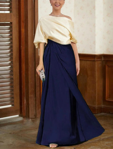 Zweiteiliges Meerjungfrau-/Trompeten-Kleid, elegant, Vintage, Party, Hochzeitsgast, Wasserfallausschnitt, bodenlang, Satin, halbe Ärmel mit gerüschtem, drapiertem Stufenkleid für die Mutter der Braut