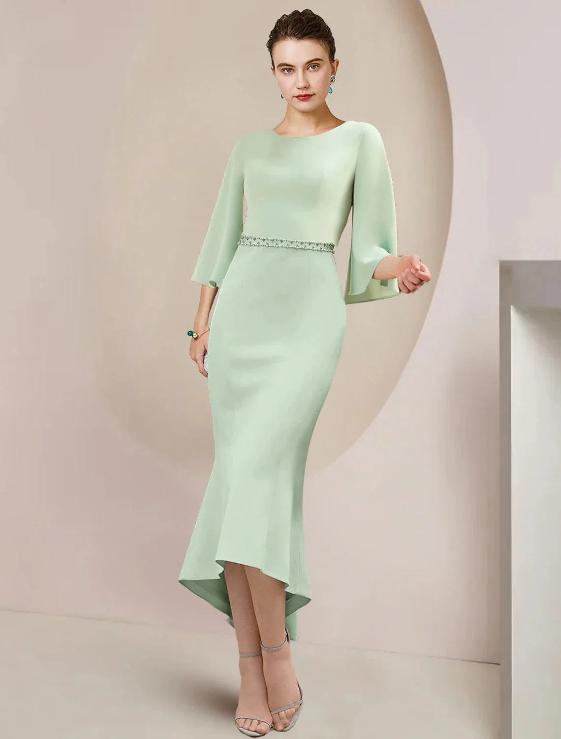 Mermaid / Trumpet Mother of the Bride Dress Wedding Guest Party Elegant Scoop Neck Tea Length Stretch Chiffon 3/4 Length Sleeve with Beading