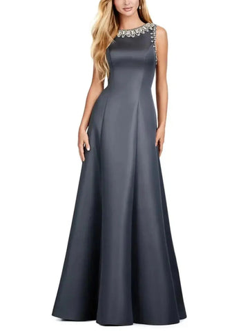 Zweiteiliges A-Linien-Kleid für die Mutter der Braut, Hochzeitsgast, elegant, U-Ausschnitt, bodenlang, Satin, ärmellos, mit Kristallen, Rüschen