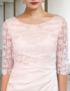 Vestido de mãe da noiva de duas peças com bainha/coluna, elegante, para igreja, com decote em joia, comprimento até ao joelho, em cetim e renda, com meia manga e drapeado lateral