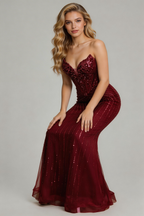 Burgundy Strapless Sequin Mermaid Evening Gown - Sparkly Prom Dress with Corset Bodice by ZAPDRESS