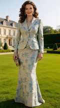 Elegant Blue Floral Jacquard Skirt Suit for Mother of the Bride by ZAPDRESS