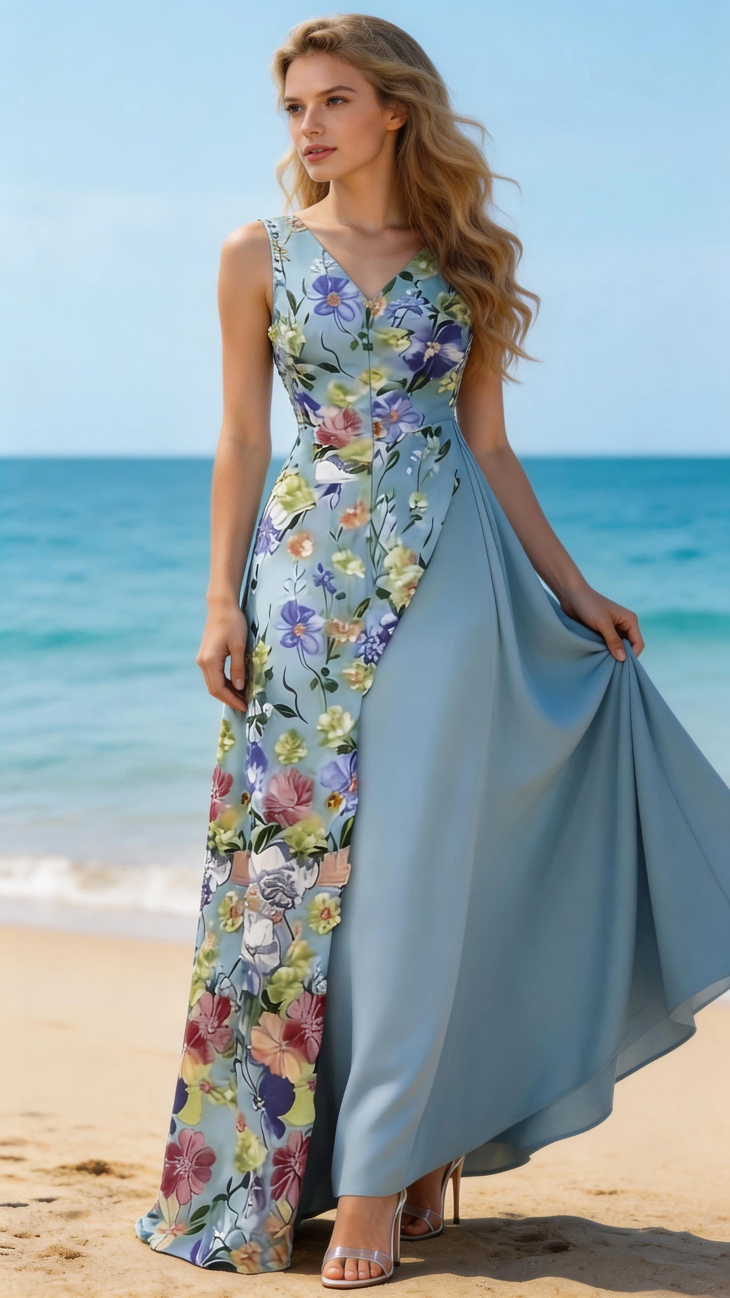 Elegant Sky Blue Floral Print Asymmetrical Maxi Dress by ZAPDRESS