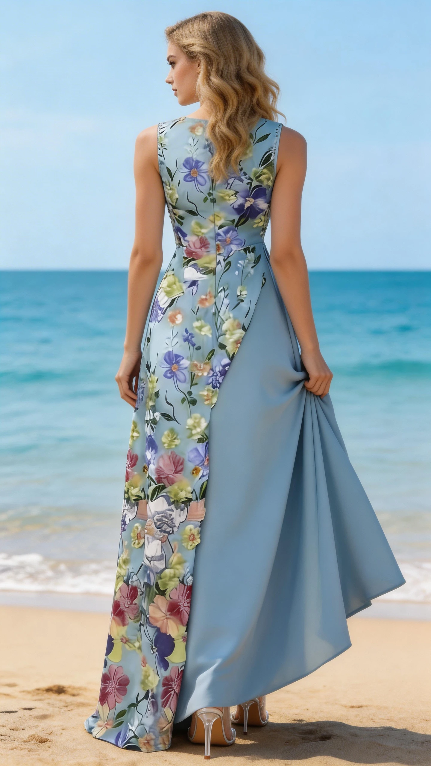 Elegant Sky Blue Floral Print Asymmetrical Maxi Dress by ZAPDRESS
