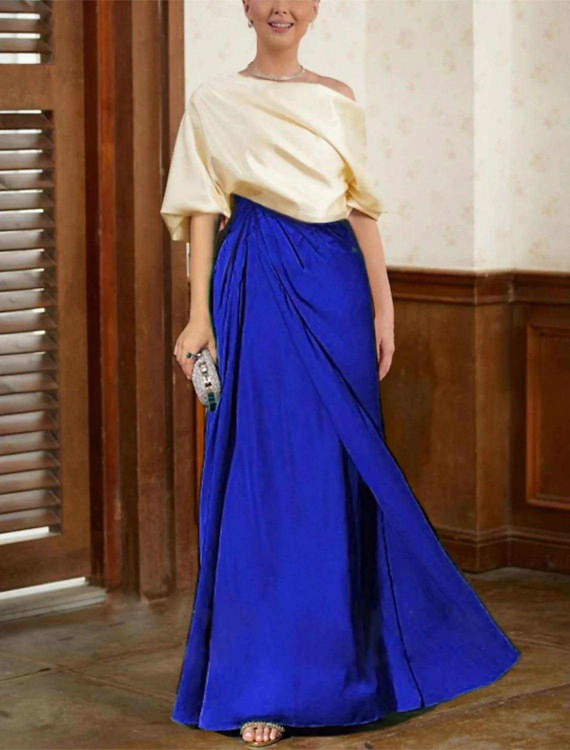 Vestido mãe da noiva elegante, vintage, sereia/trompete, festa, casamento, decote em bico, comprimento até ao chão, cetim, meia manga, com franzido, drapeado, duas peças