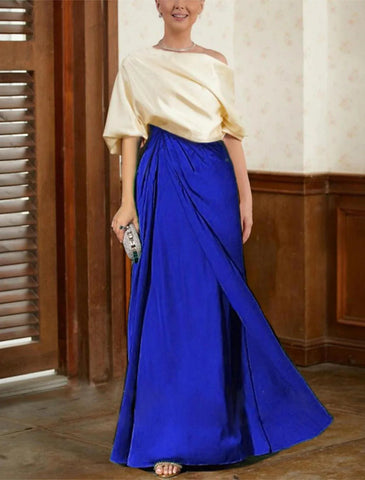 Zweiteiliges Meerjungfrau-/Trompeten-Kleid, elegant, Vintage, Party, Hochzeitsgast, Wasserfallausschnitt, bodenlang, Satin, halbe Ärmel mit gerüschtem, drapiertem Stufenkleid für die Mutter der Braut